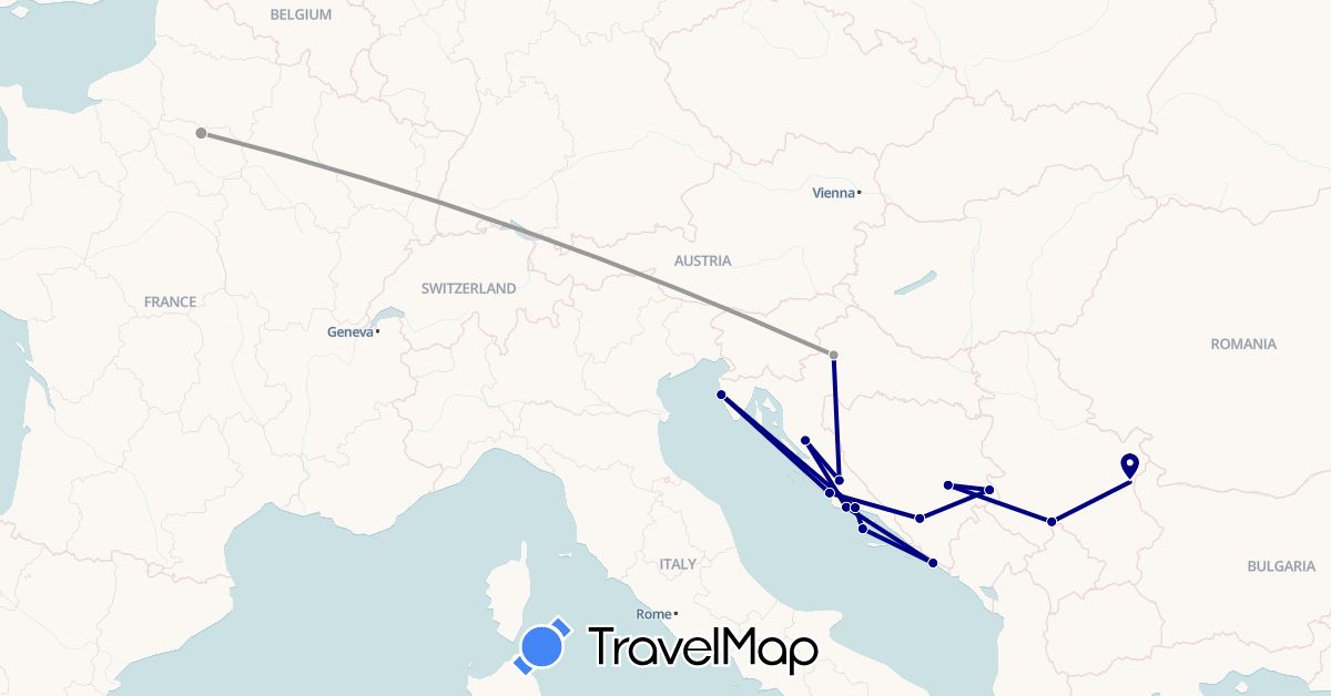 TravelMap itinerary: driving, plane in Bosnia and Herzegovina, Croatia, Serbia (Europe)
